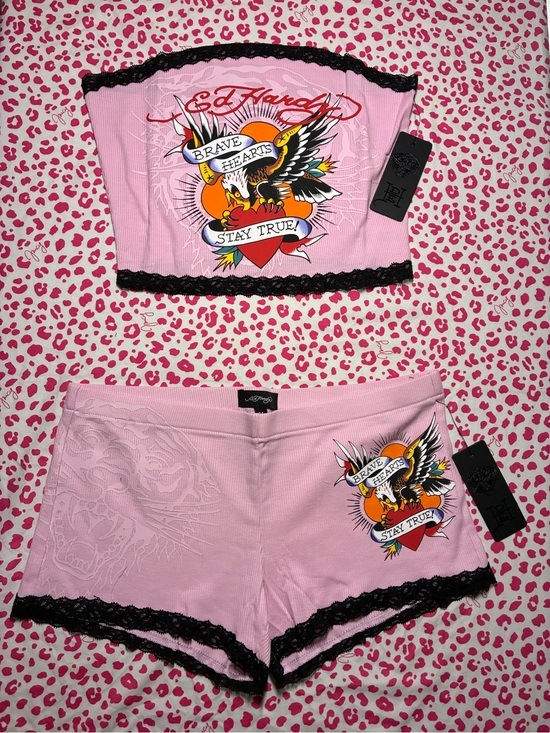 Ed Hardy Other - Ed Hardy Pink Lace-Trim Tube Top & Shorts Set